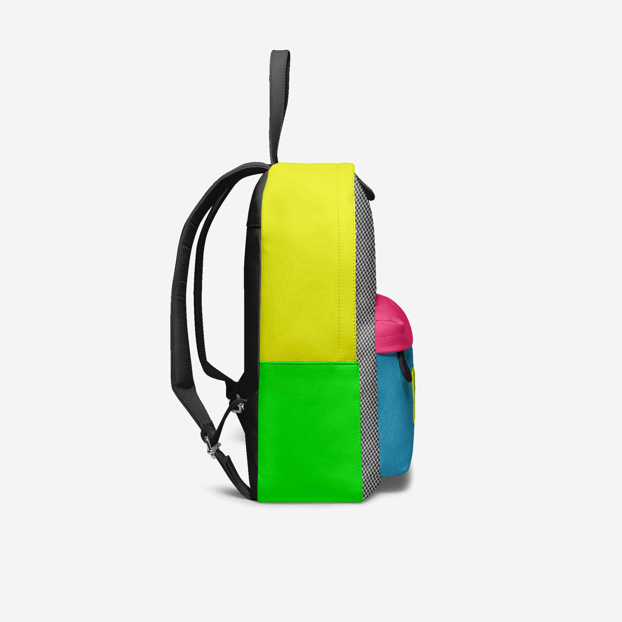 Multicolored backpack with a yellow, green, and blue design on a white background