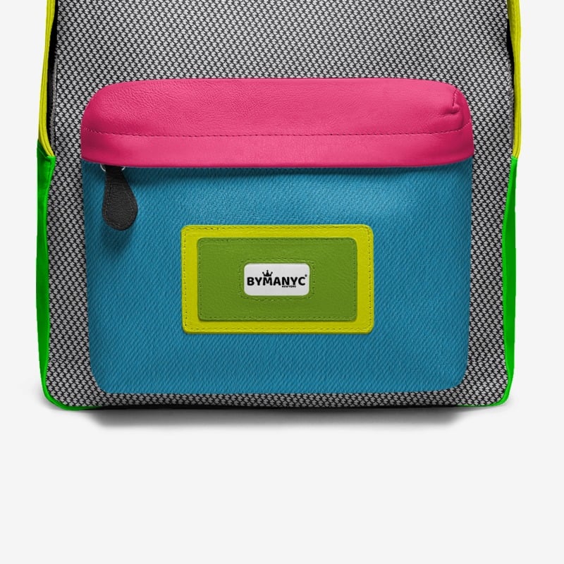 Colorful bag with a By Many brand label on a white background