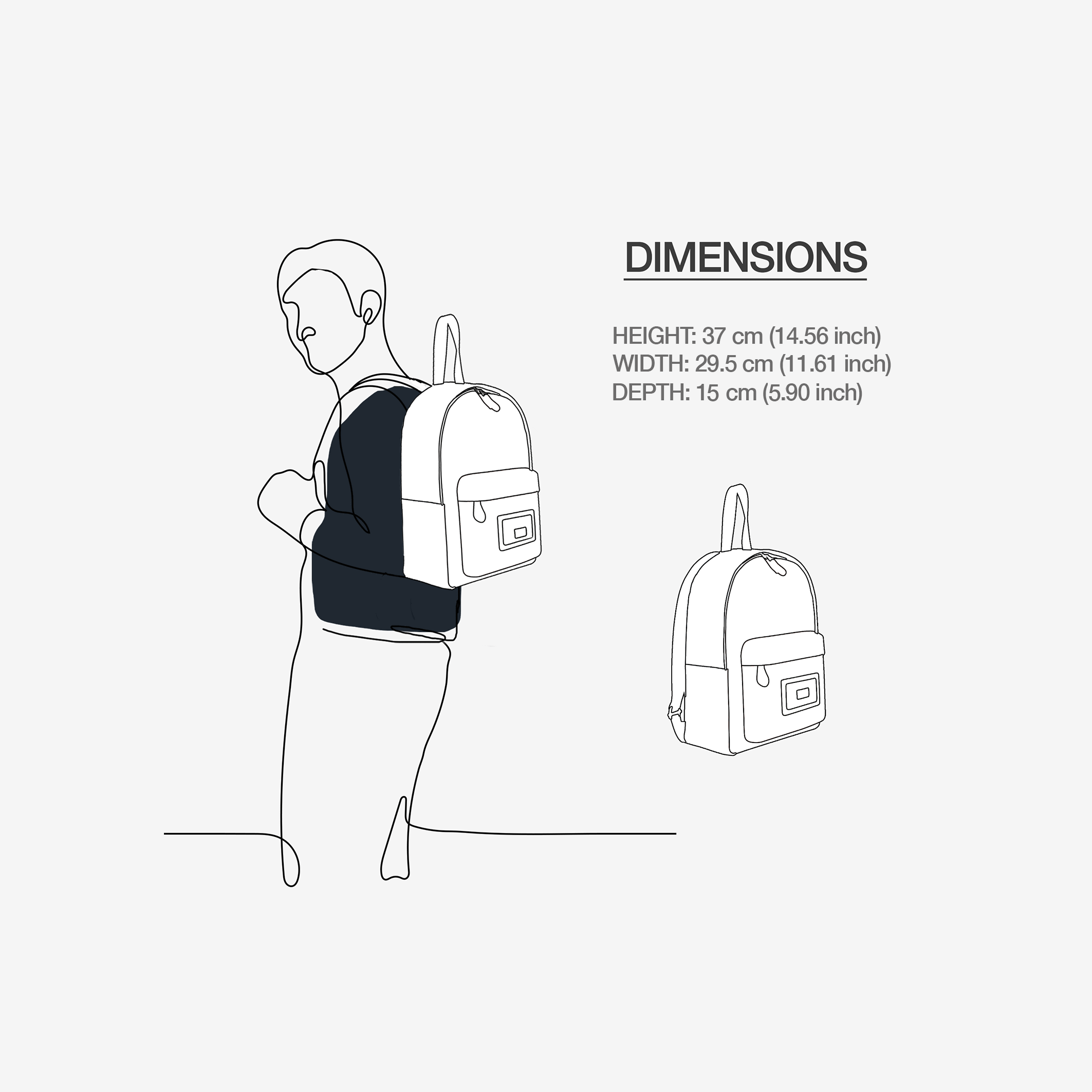 Outline of a person wearing a backpack with dimensions displayed.