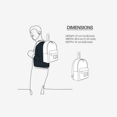 Outline of a person wearing a backpack with dimensions displayed.