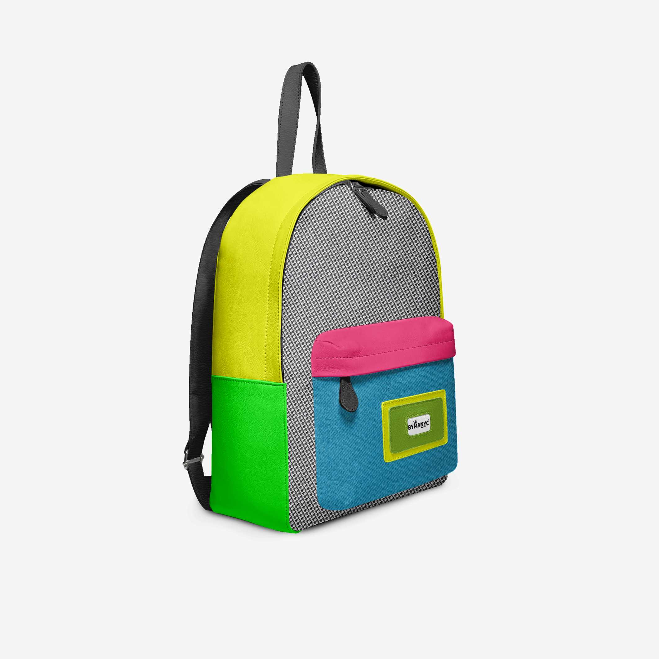 Colorful backpack with a visible brand logo on a white background