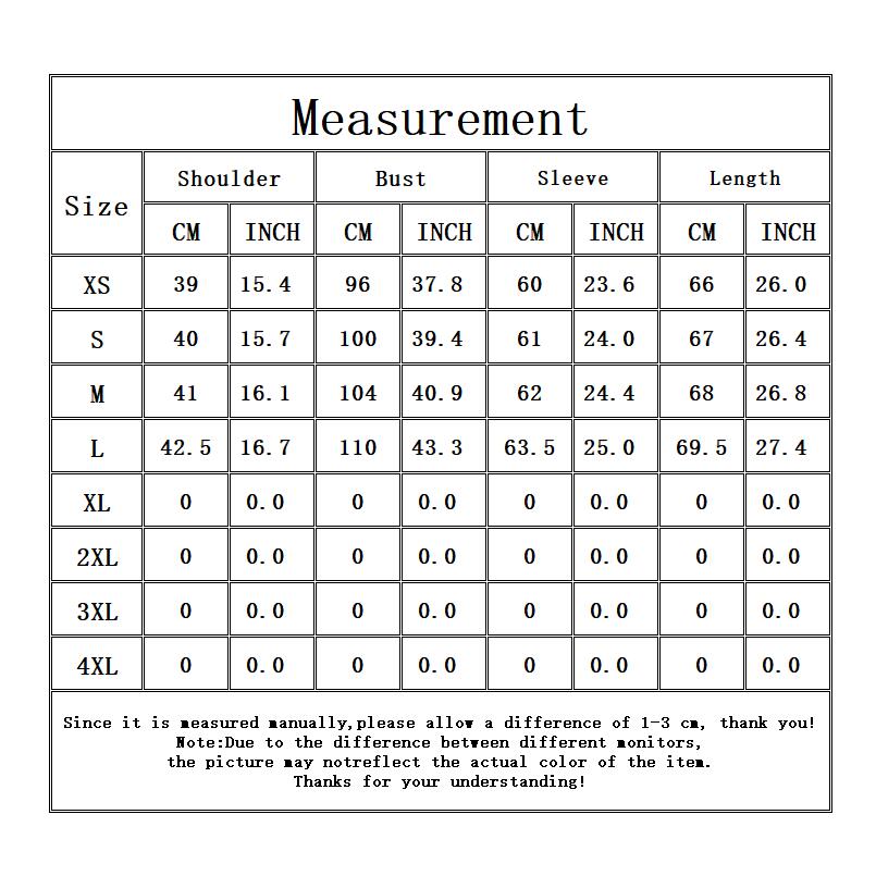 Measurement chart for clothing sizes with shoulder, bust, sleeve, and length dimensions in centimeters and inches.