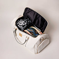 White Leather Weekender Duffle Bag