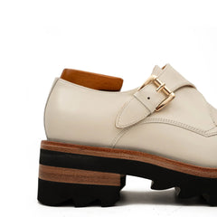White Leather Monk Strap Shoes with Chunky Soles