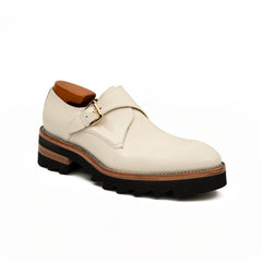 White Leather Monk Strap Shoes with Chunky Soles