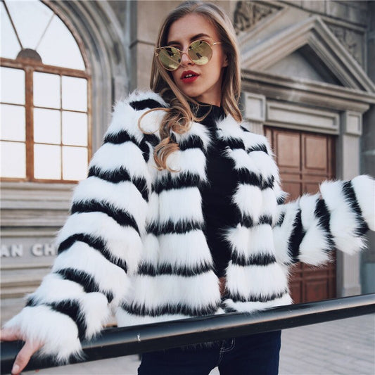 Winter Black & White Striped Faux Fur Coat