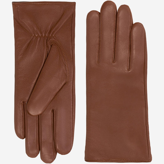 A pair of brown leather gloves shown flat against a light gray background, with one glove displaying the back and the other showing the palm side.