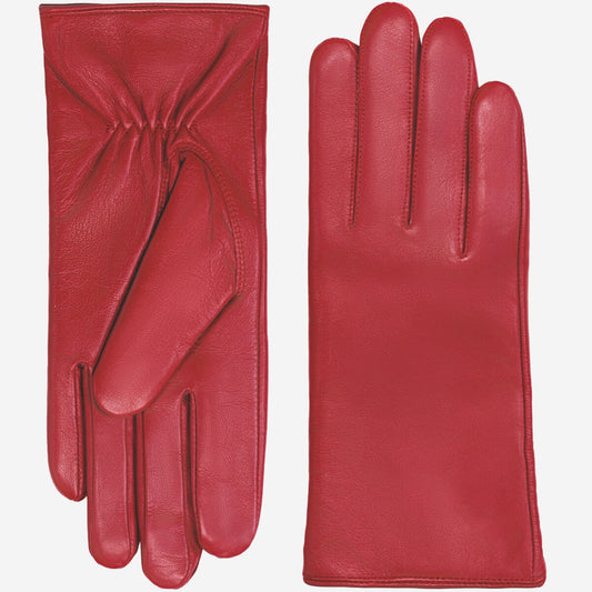 A pair of red leather gloves, one showing the back of the hand with a gathered wrist and the other showing the palm side, set against a plain light gray background.