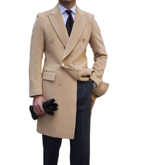 Beige overcoat worn by a person on a white background