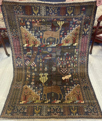 Afghani Vintage Pictorial Rug I Tribal Baluchi 3'6''X5'5'' Rugistan