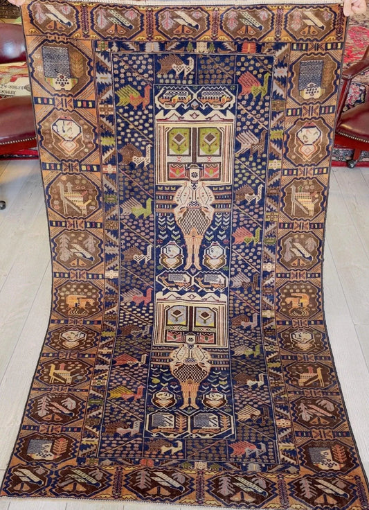 Afghani Vintage Pictorial Rug I Tribal Baluchi 4X7 Ft Rugistan