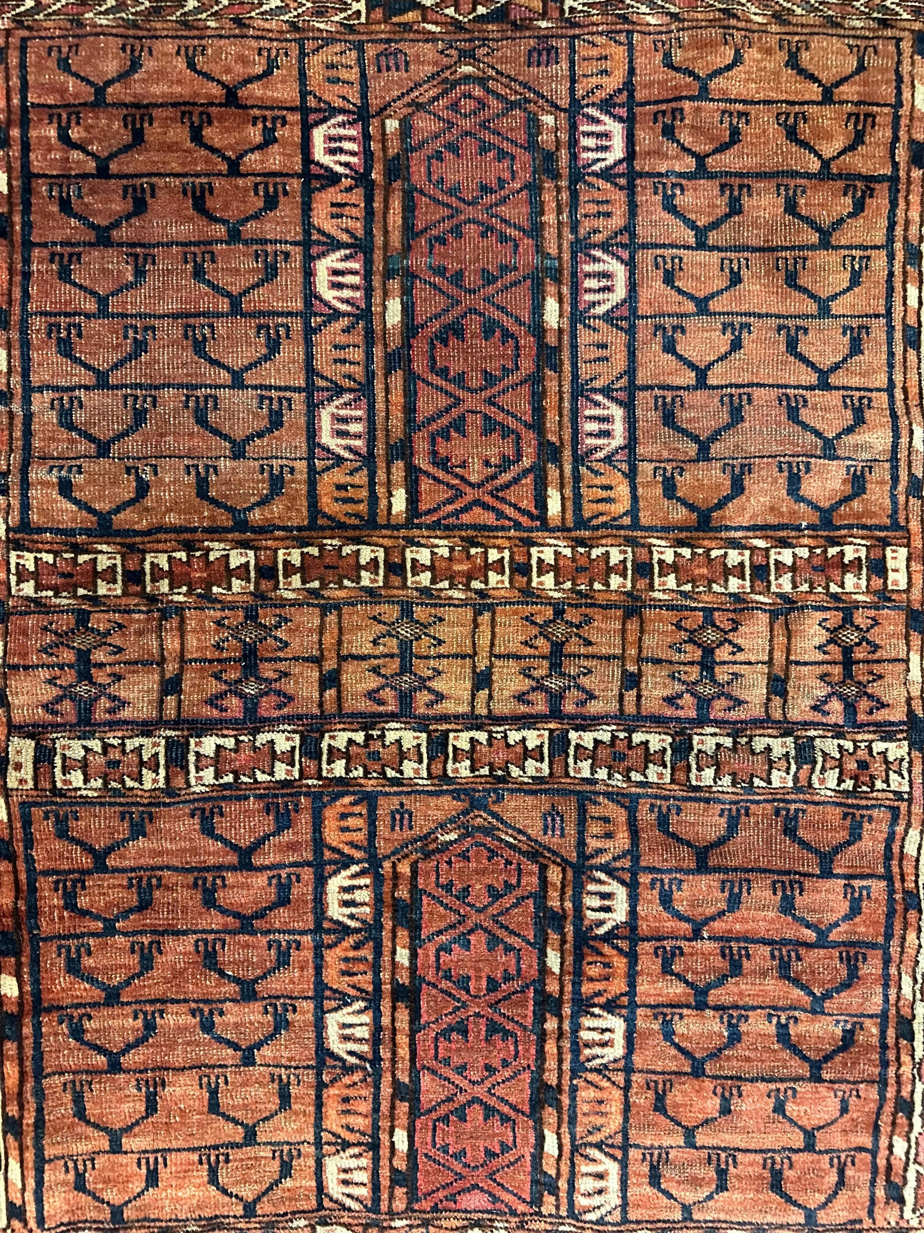 Antique 1880s Turkoman Tekke Ensi Tent Door Covering Rug 4’ x4’8” Rugistan