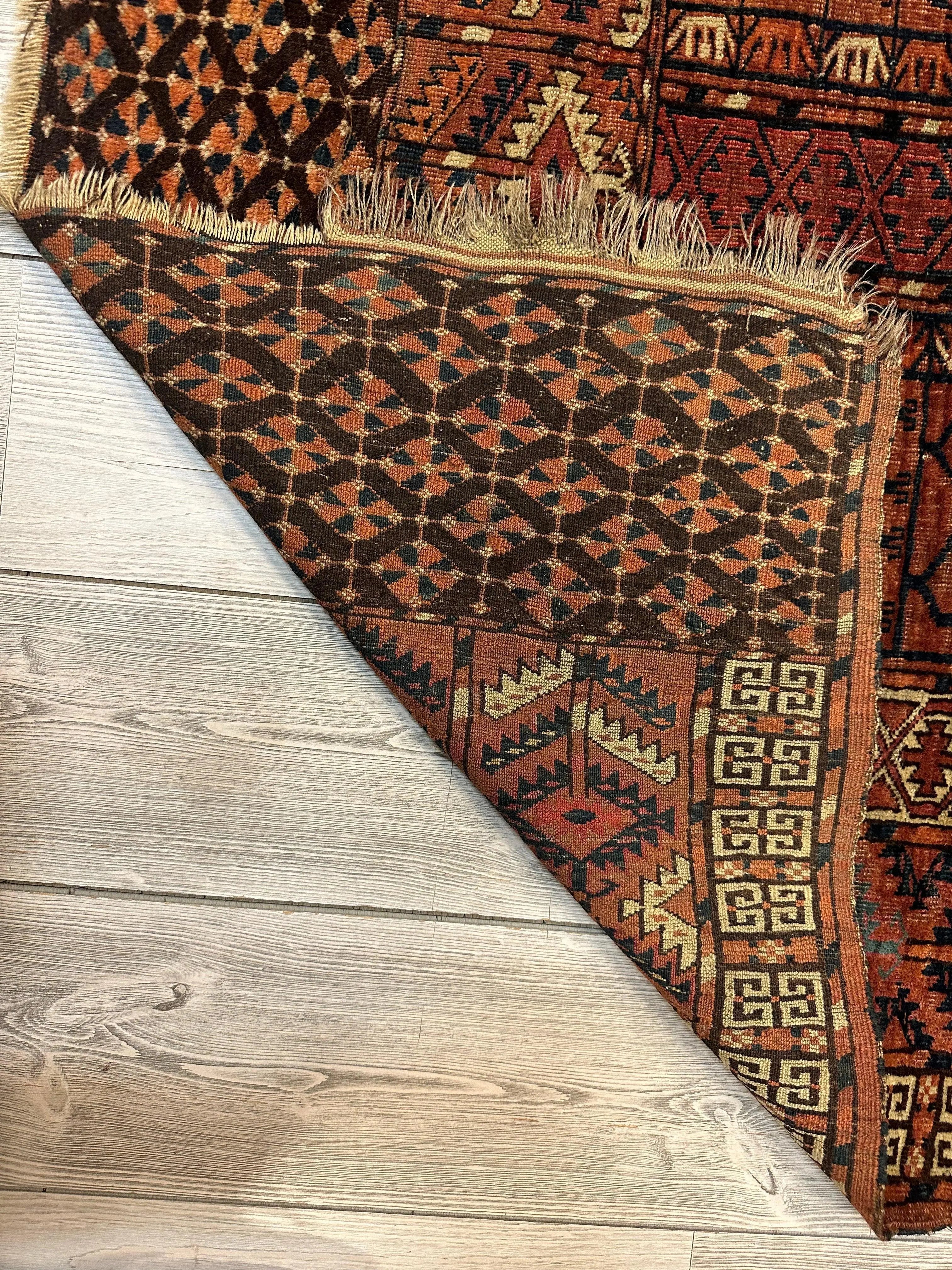 Antique 1880s Turkoman Tekke Ensi Tent Door Covering Rug 4’ x4’8” Rugistan
