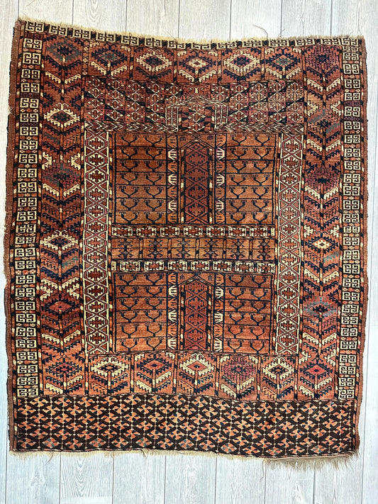 Antique 1880s Turkoman Tekke Ensi Tent Door Covering Rug 4’ x4’8” Rugistan
