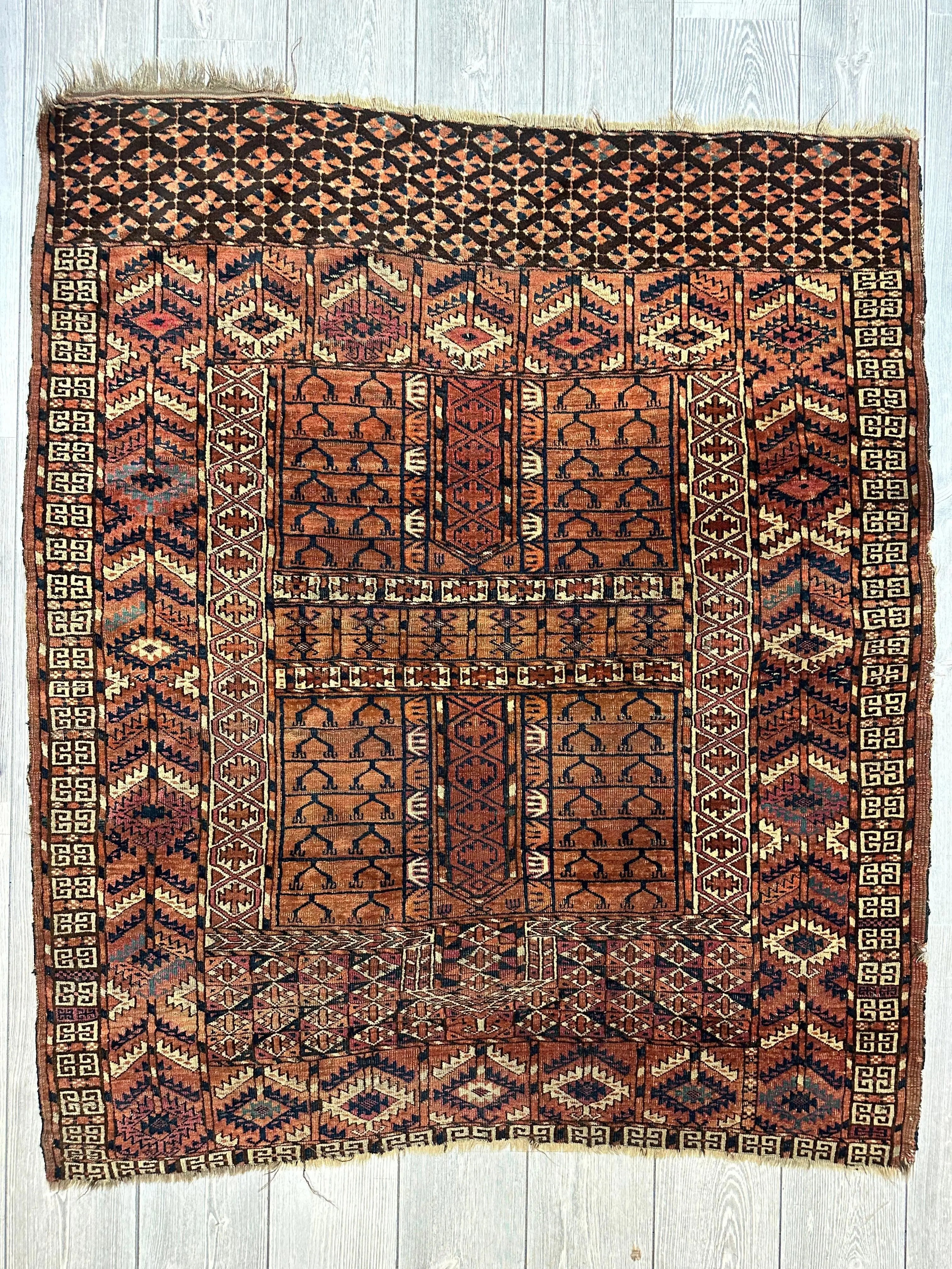 Antique 1880s Turkoman Tekke Ensi Tent Door Covering Rug 4’ x4’8” Rugistan
