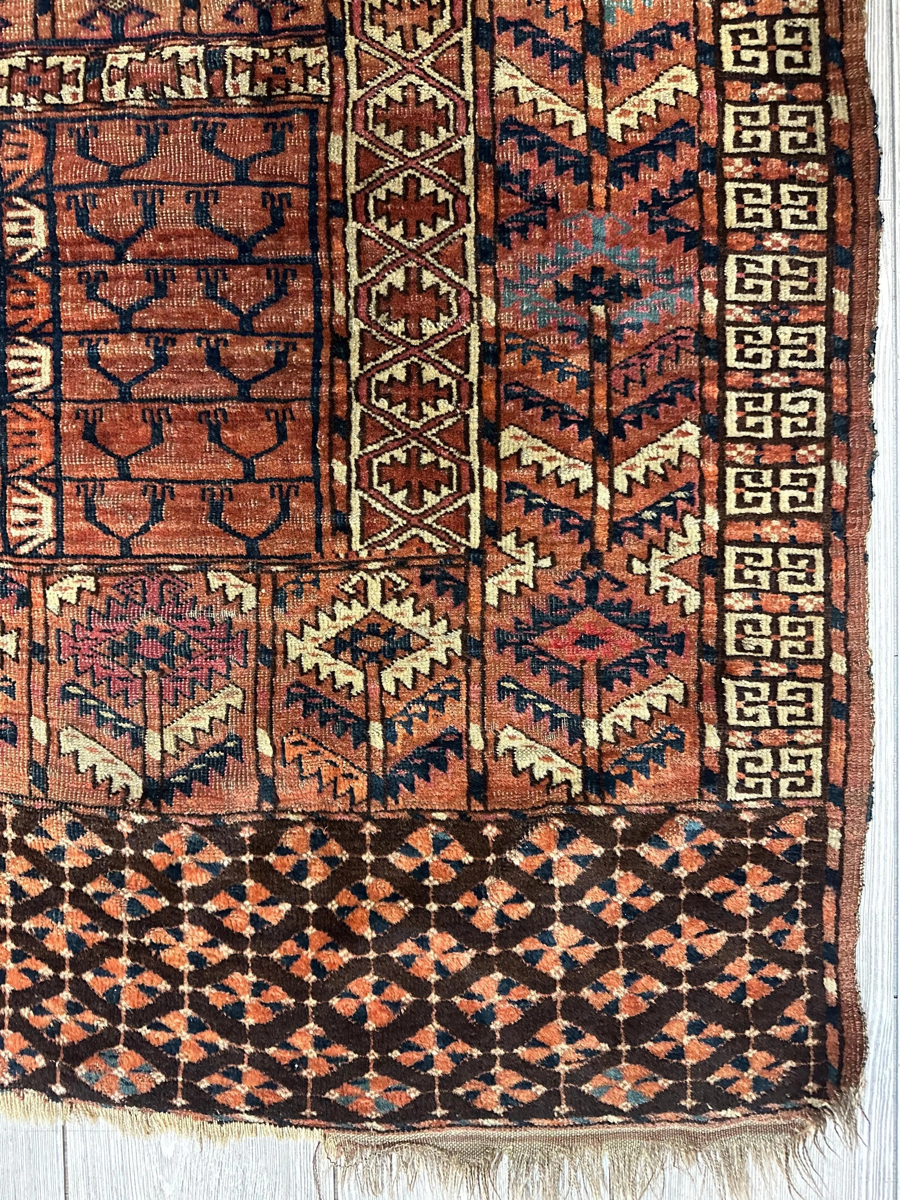 Antique 1880s Turkoman Tekke Ensi Tent Door Covering Rug 4’ x4’8” Rugistan