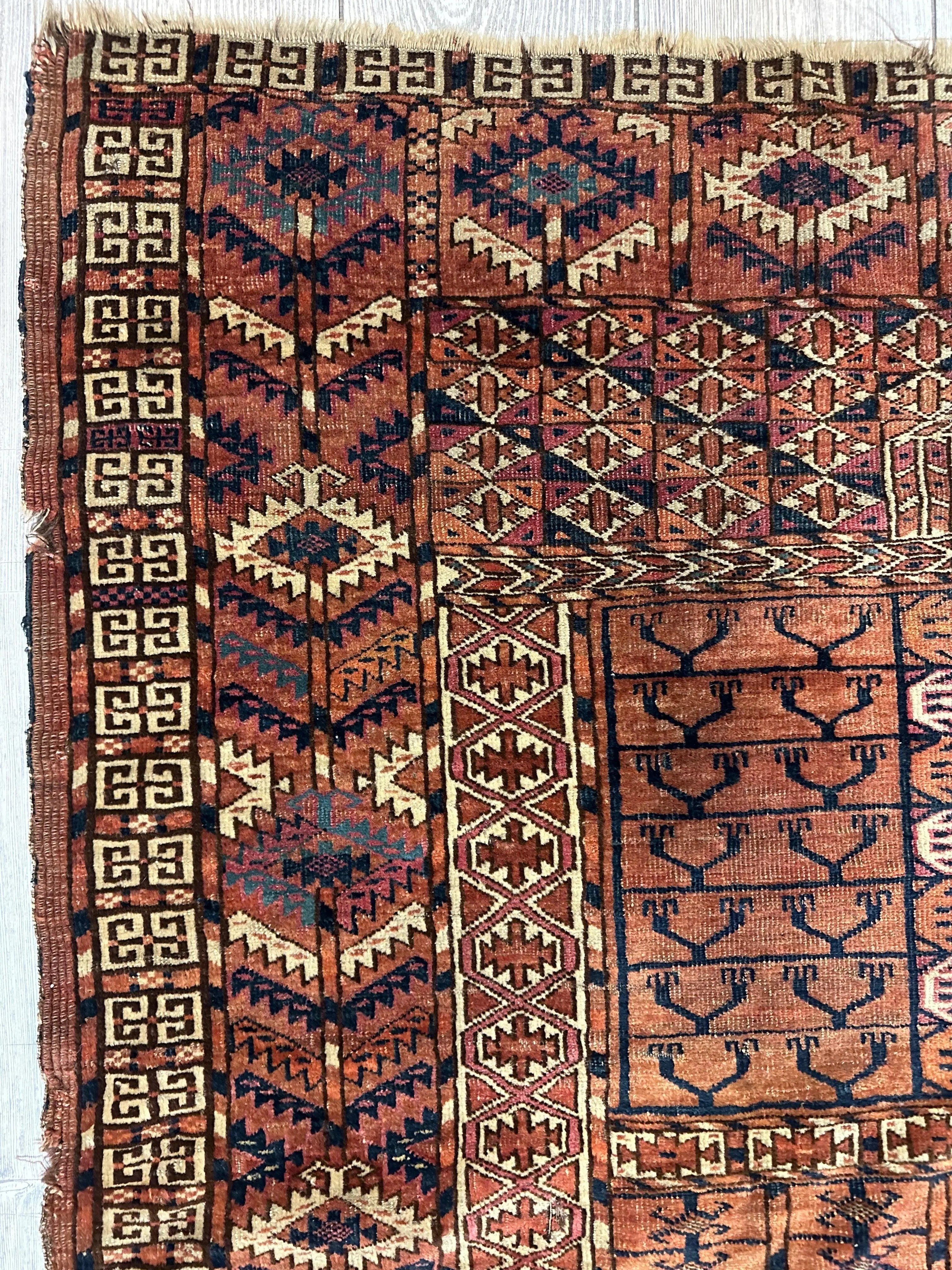 Antique 1880s Turkoman Tekke Ensi Tent Door Covering Rug 4’ x4’8” Rugistan