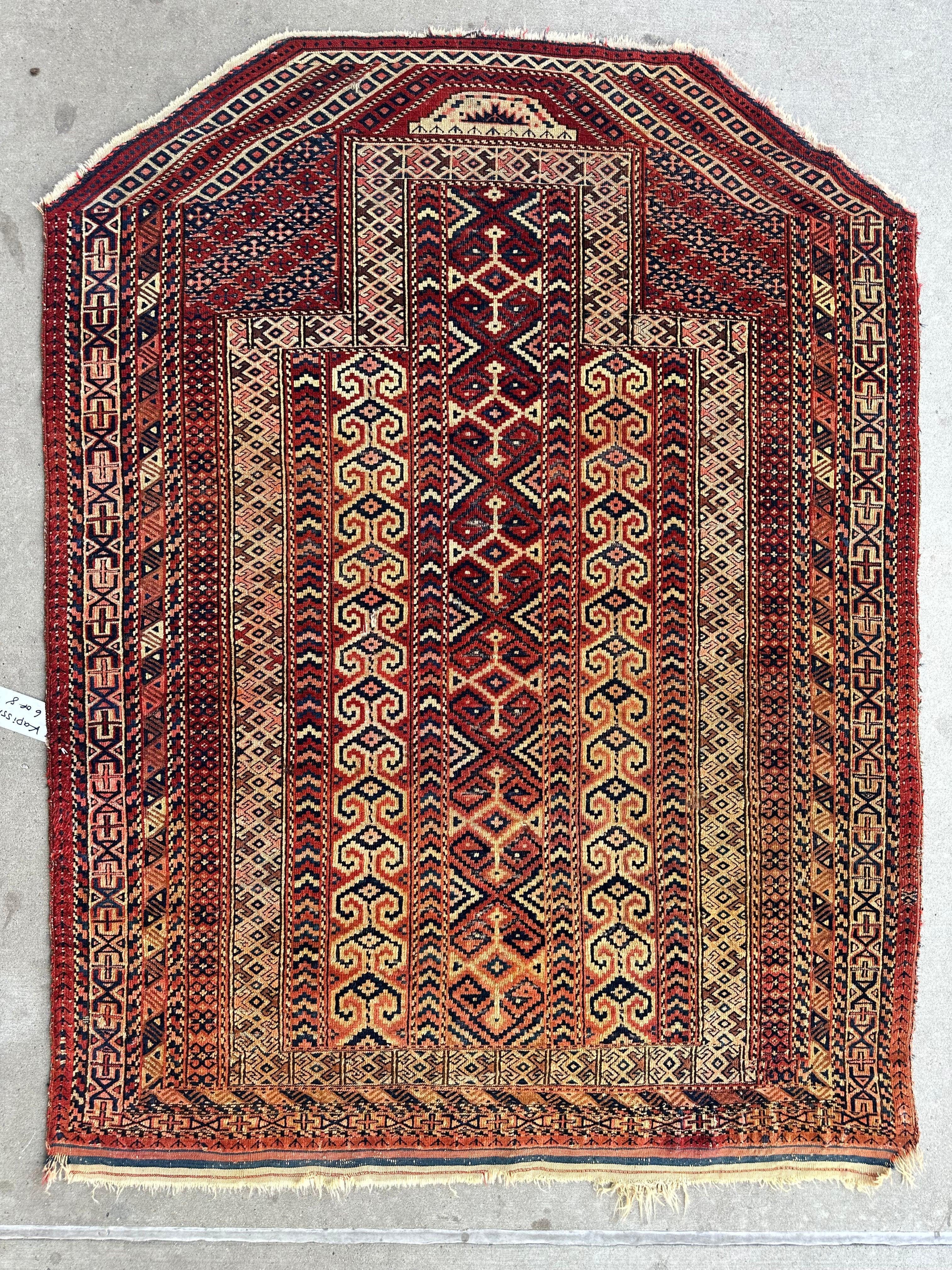 Antique 1890’s Turkoman Prayer Rug or Namazlyk 4’ x 5’2” Rugistan