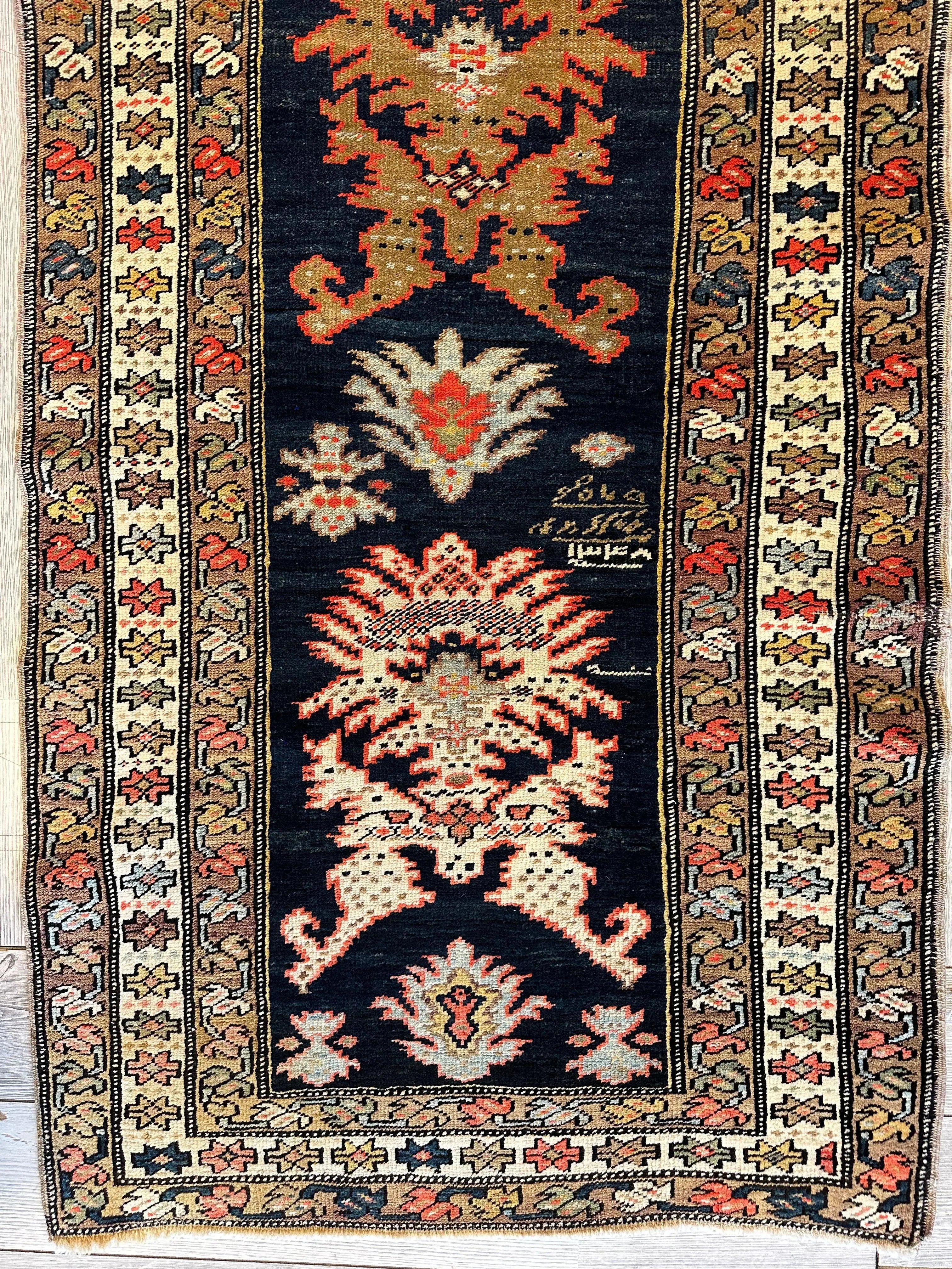 Antique Caucasian KarabakhSigned & Dated Wool on Wool Runner Rug 3 X 7 Rugistan