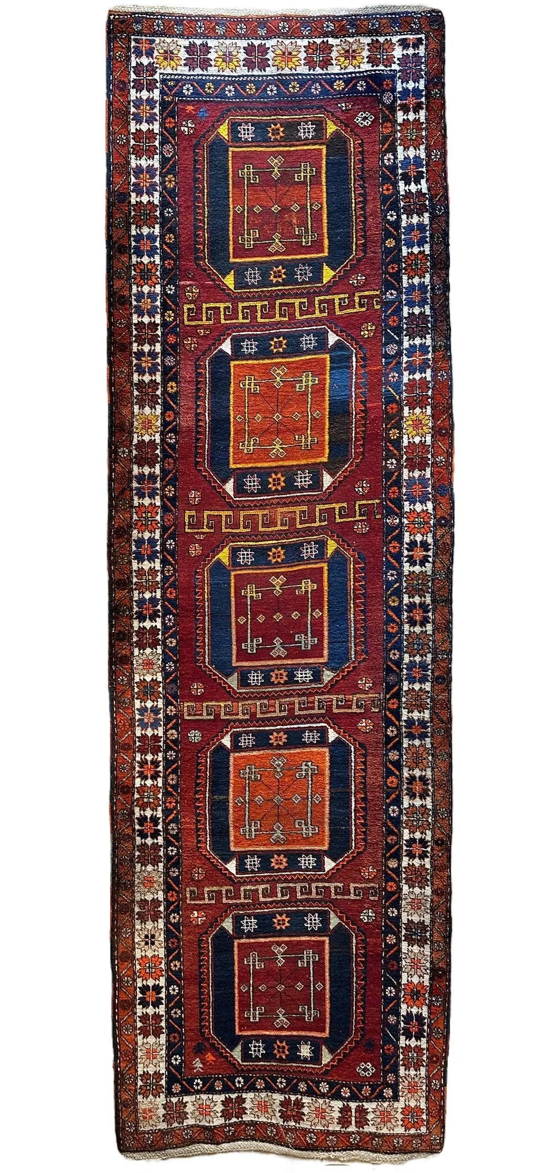 Antique circa 1920's Kurdish-Kazak Geometric Motifs Runner 3’8” x 12’3” Rugistan