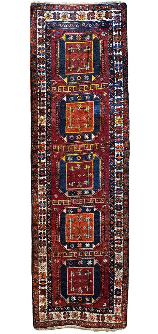 Antique circa 1920's Kurdish-Kazak Geometric Motifs Runner 3’8” x 12’3” Rugistan