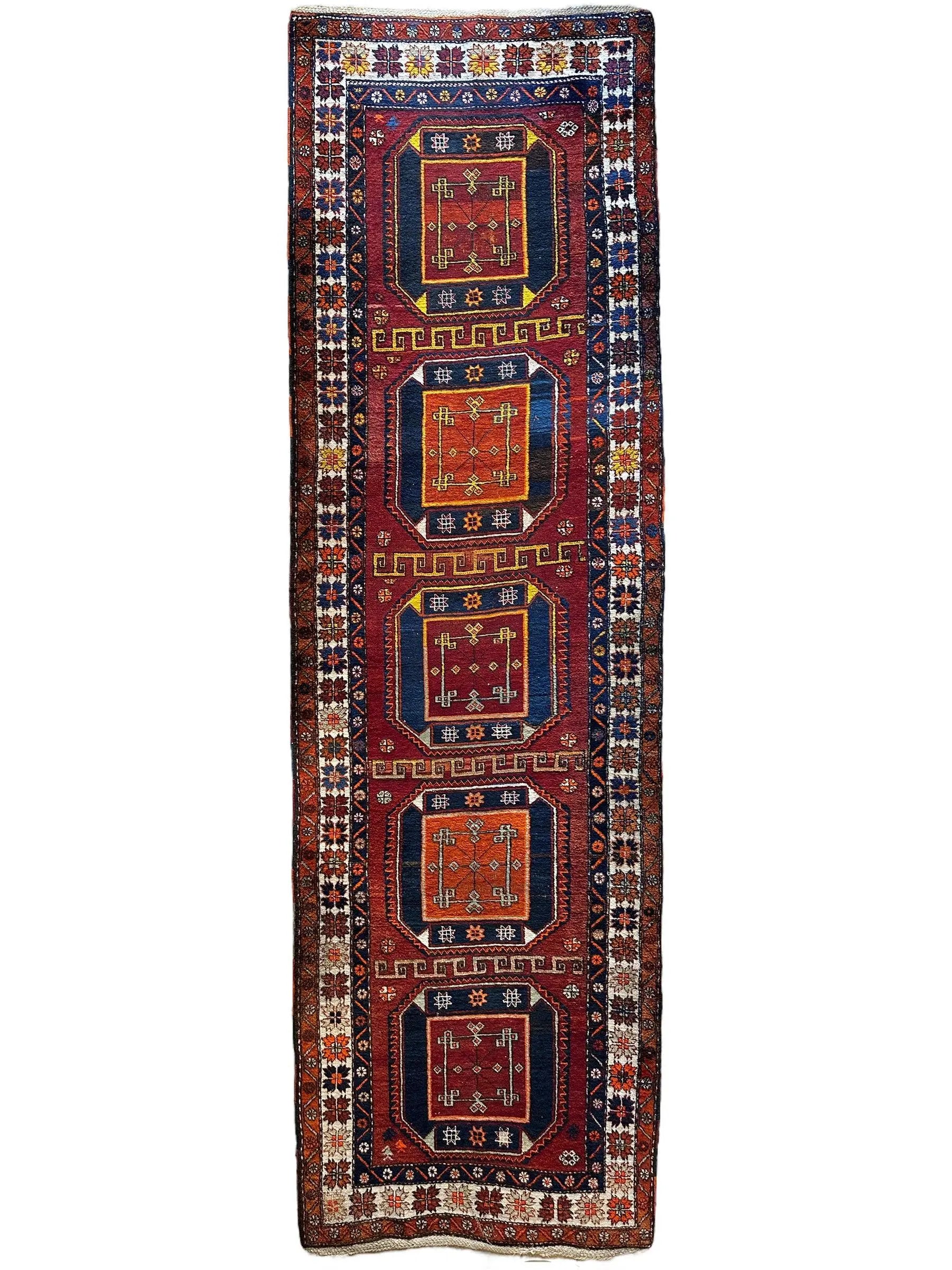 Antique circa 1920's Kurdish-Kazak Geometric Motifs Runner 3’8” x 12’3” Rugistan