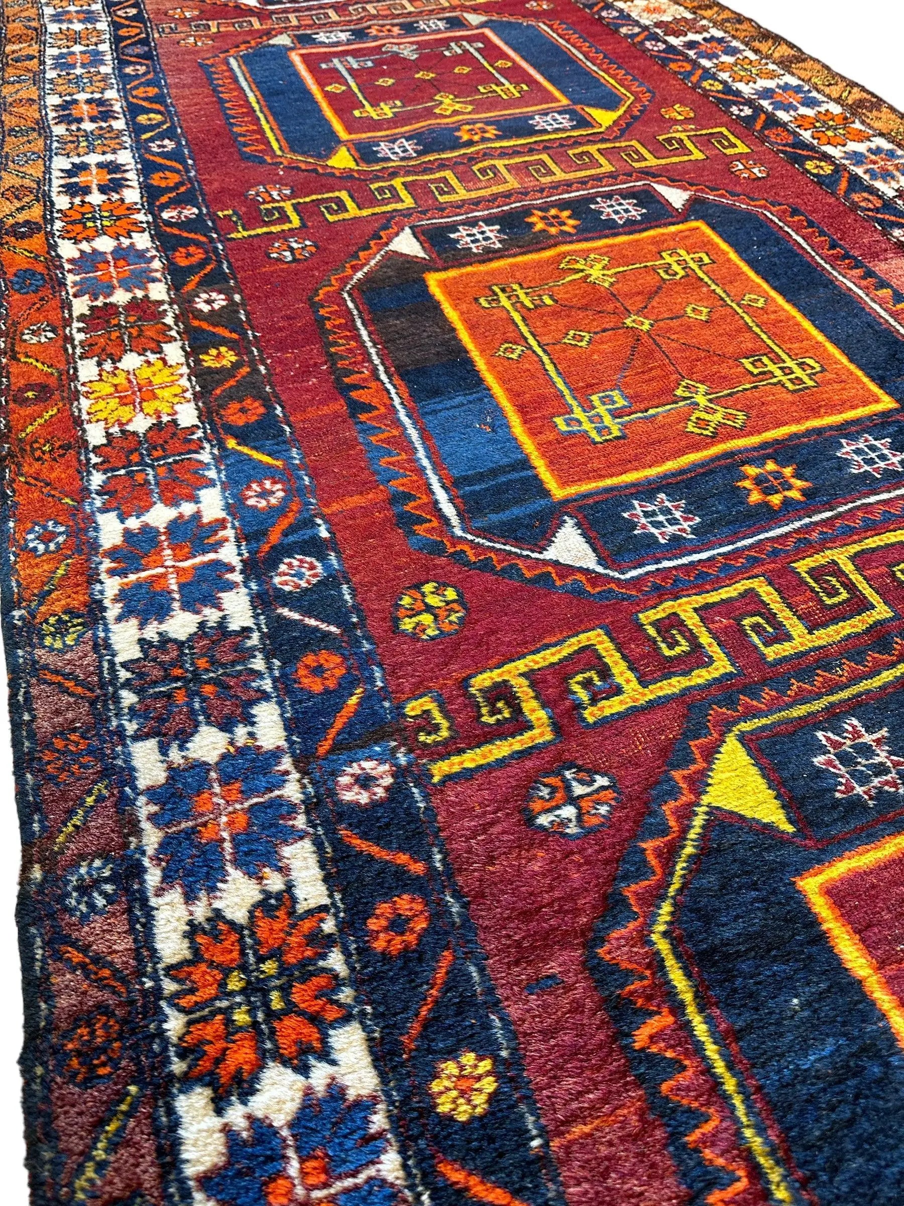 Antique circa 1920's Kurdish-Kazak Geometric Motifs Runner 3’8” x 12’3” Rugistan