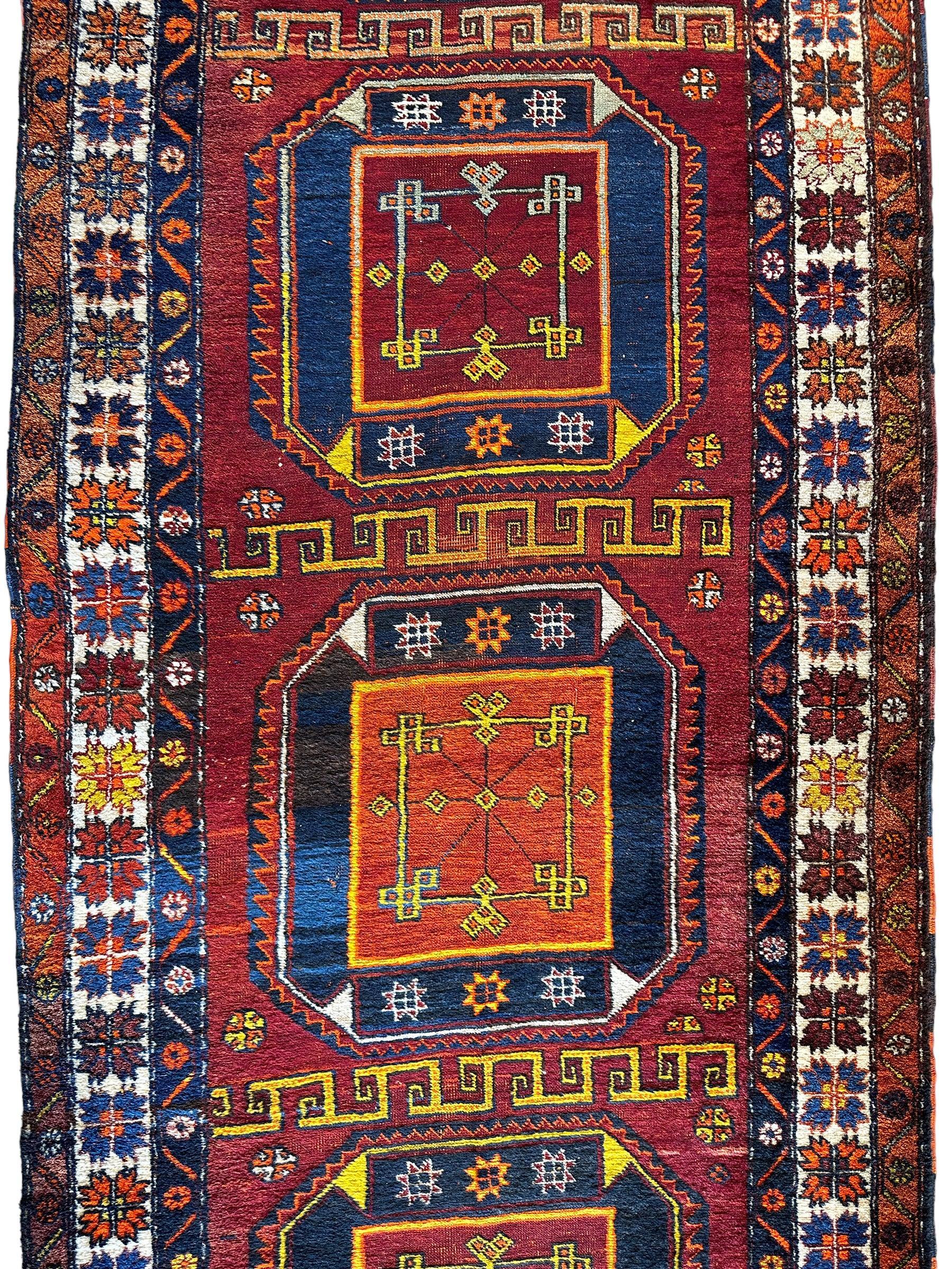 Antique circa 1920's Kurdish-Kazak Geometric Motifs Runner 3’8” x 12’3” Rugistan