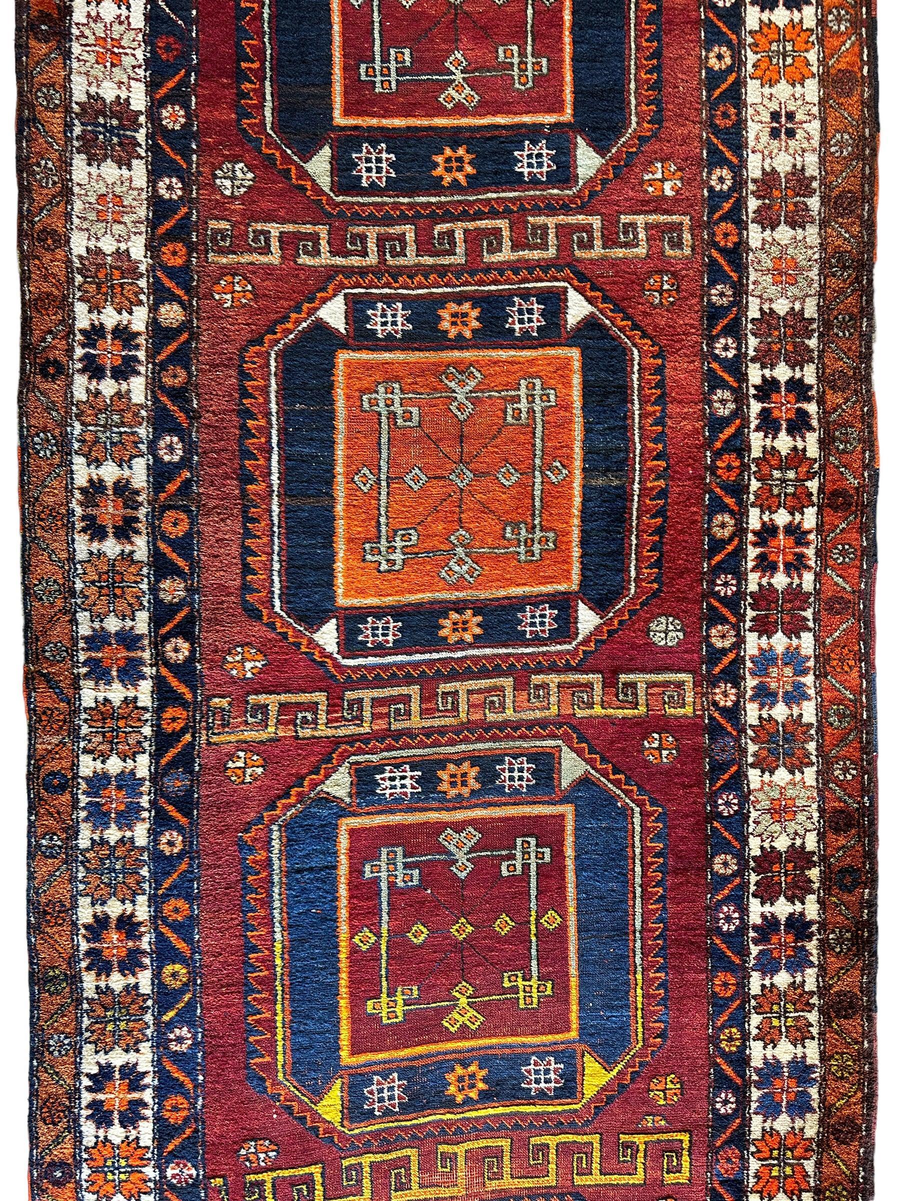Antique circa 1920's Kurdish-Kazak Geometric Motifs Runner 3’8” x 12’3” Rugistan
