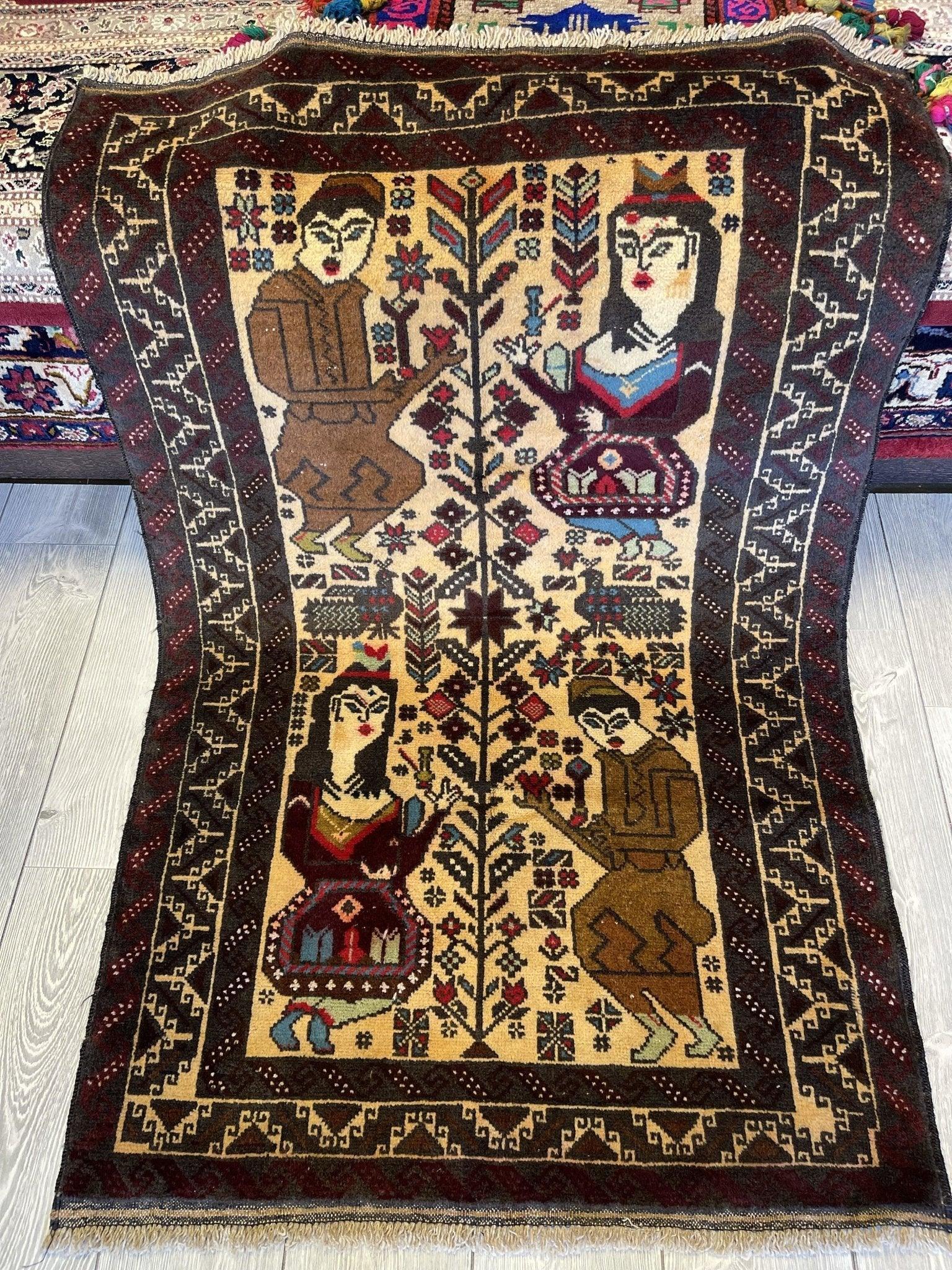 Antique Tribal Afghani Baluchi Laili Majnun Pictorial Rug 4.5x2.10 Ft Rugistan