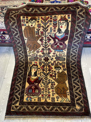 Antique Tribal Afghani Baluchi Laili Majnun Pictorial Rug 4.5x2.10 Ft Rugistan