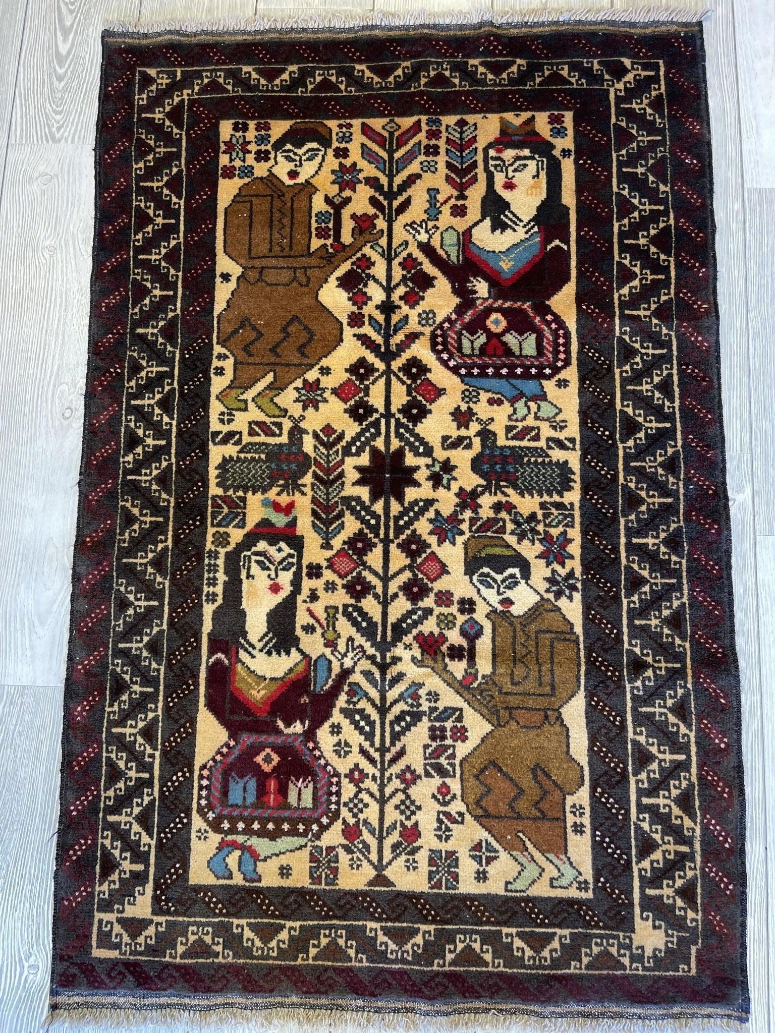 Antique Tribal Afghani Baluchi Laili Majnun Pictorial Rug 4.5x2.10 Ft Rugistan
