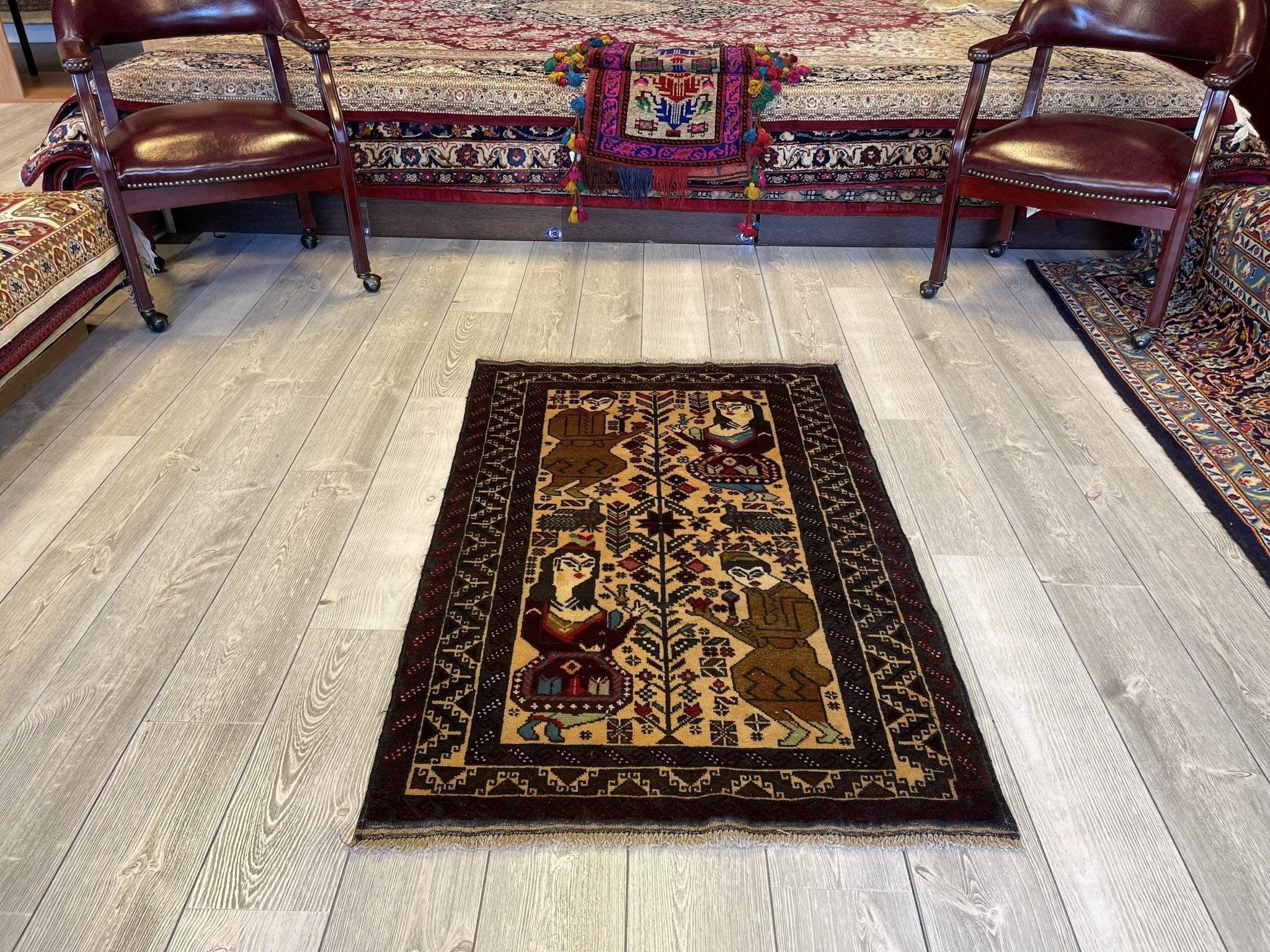 Antique Tribal Afghani Baluchi Laili Majnun Pictorial Rug 4.5x2.10 Ft Rugistan