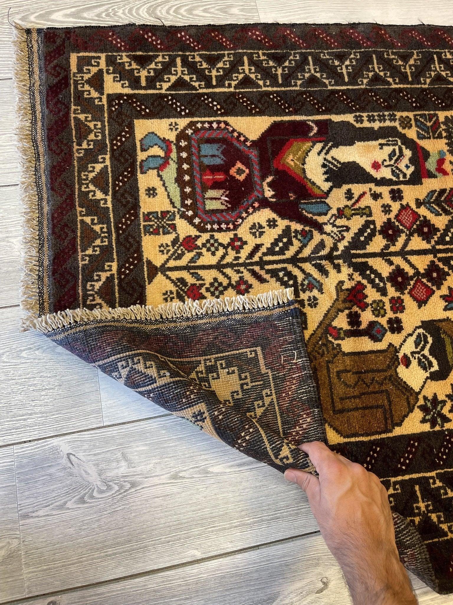 Antique Tribal Afghani Baluchi Laili Majnun Pictorial Rug 4.5x2.10 Ft Rugistan