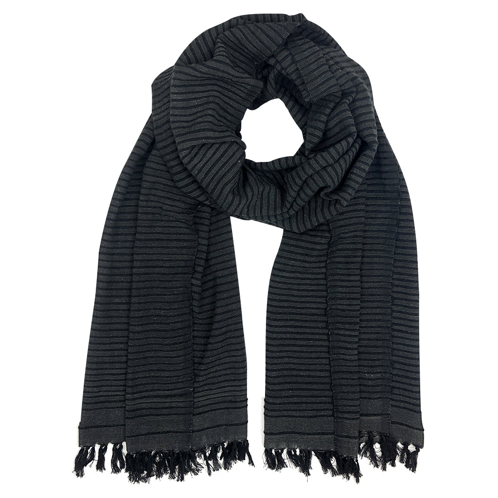 Dark gray scarf with fringes on a white background