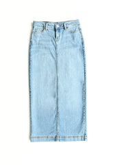 Light blue denim skirt on a white background