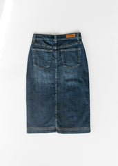 Blue denim skirt on a white background