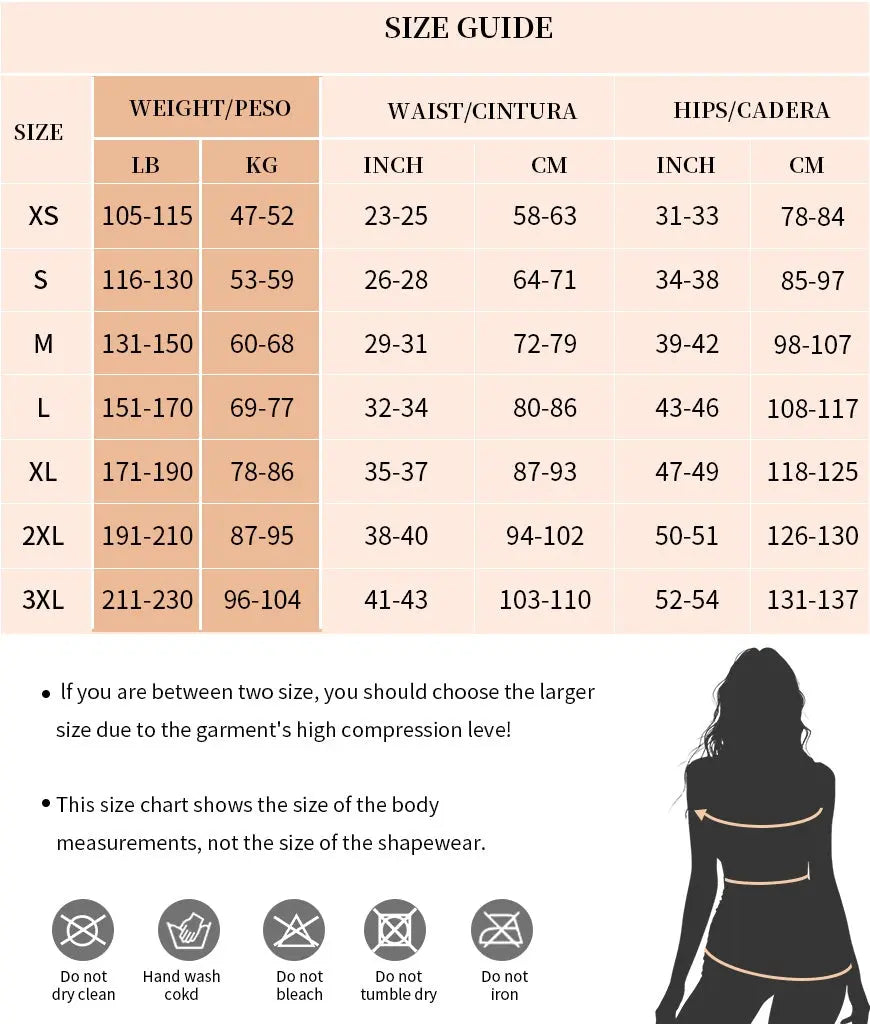 Size chart for shapewear with weight, waist, and hip measurements in both inches and centimeters, along with a silhouette of a person wearing shapewear.