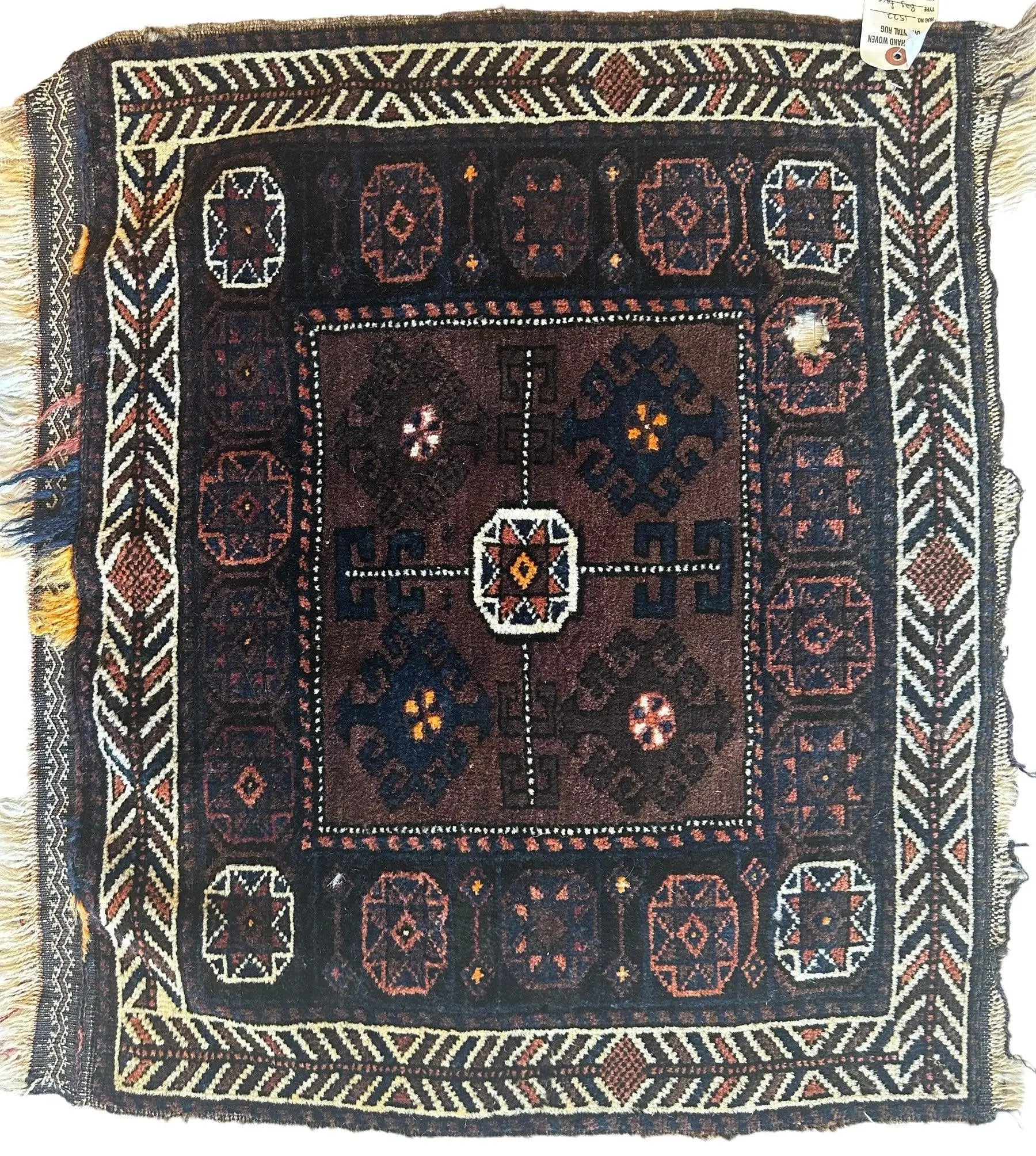Distressed Hand Knotted Vintage Afghani Baluchi Wool Bag face 29” x 25” Rugistan