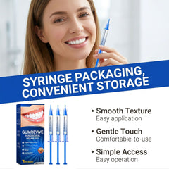 A promotional graphic for Gumrevive permanent repair gel showing a smiling woman holding a blue syringe applicator, a product box, three syringes, and marketing text about convenient storage and easy application.