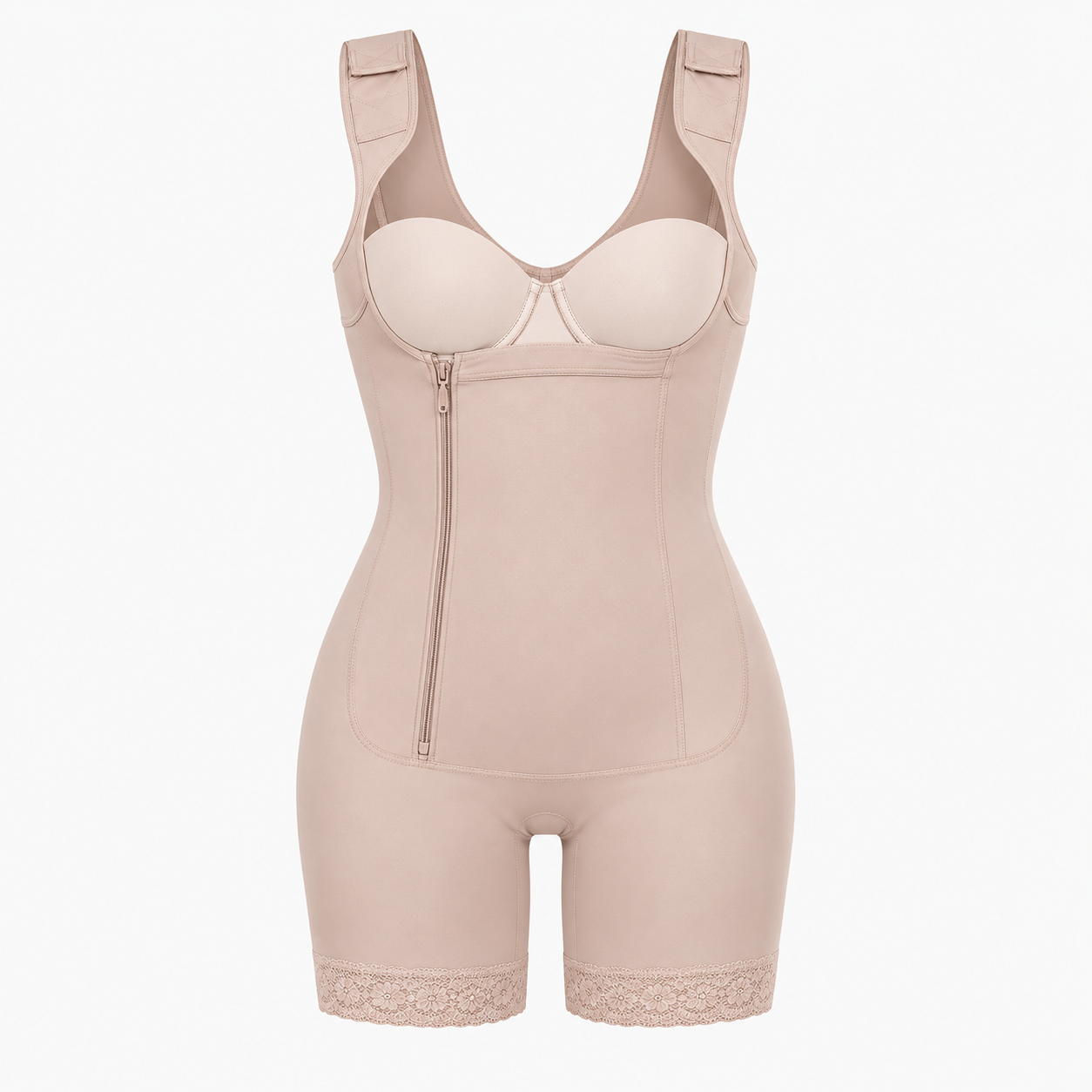 A beige full-body compression shapewear bodysuit with shoulder straps, a front zipper, molded cup sections, and lace trim at the hem, shown on a plain white background.