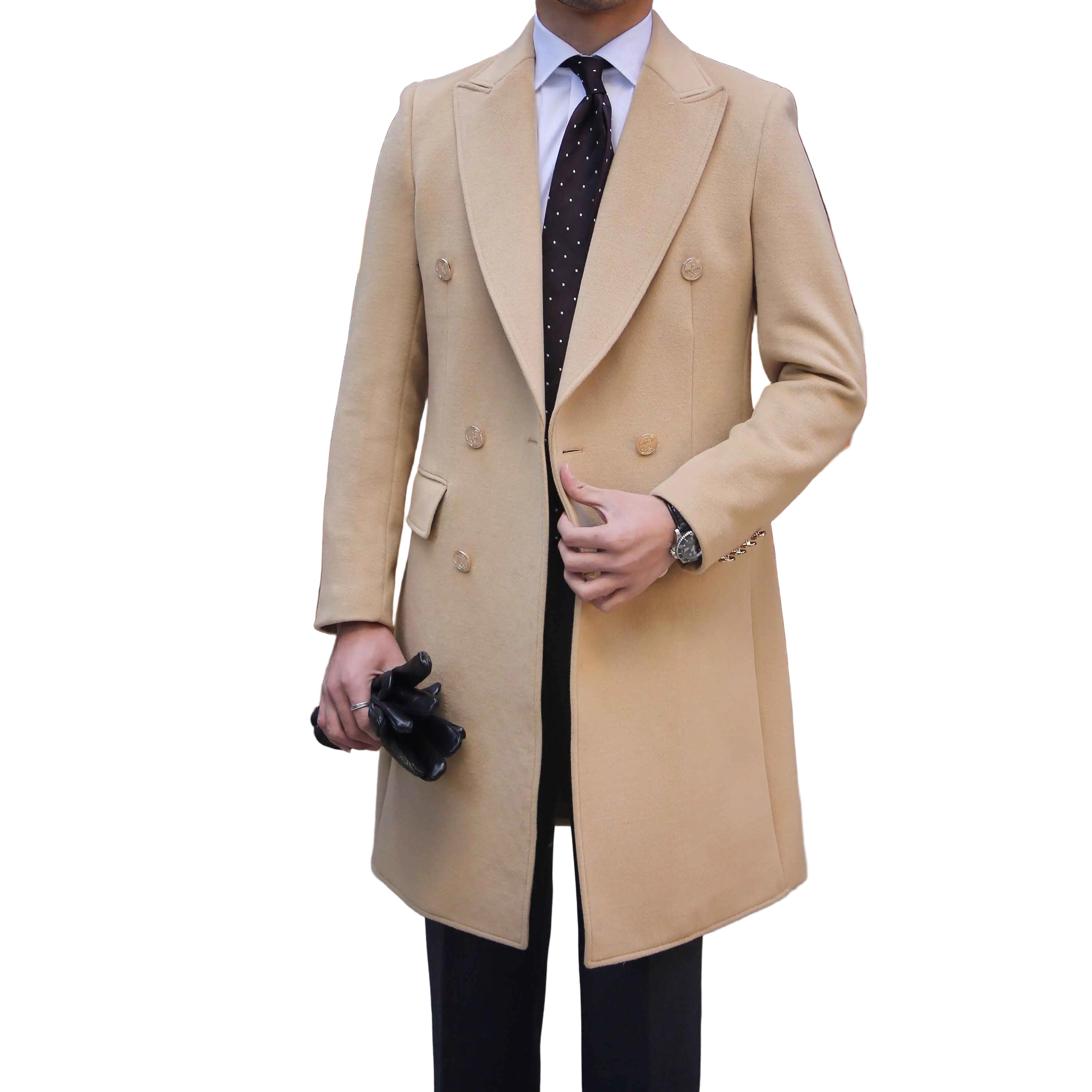Man wearing a beige overcoat with a white background
