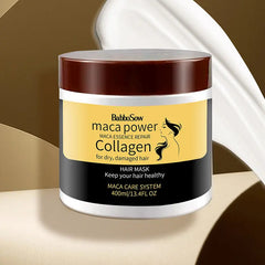 A jar of BabiloSow maca power hair mask with collagen for dry, damaged hair. The packaging is primarily black and gold with an image of a woman's silhouette.