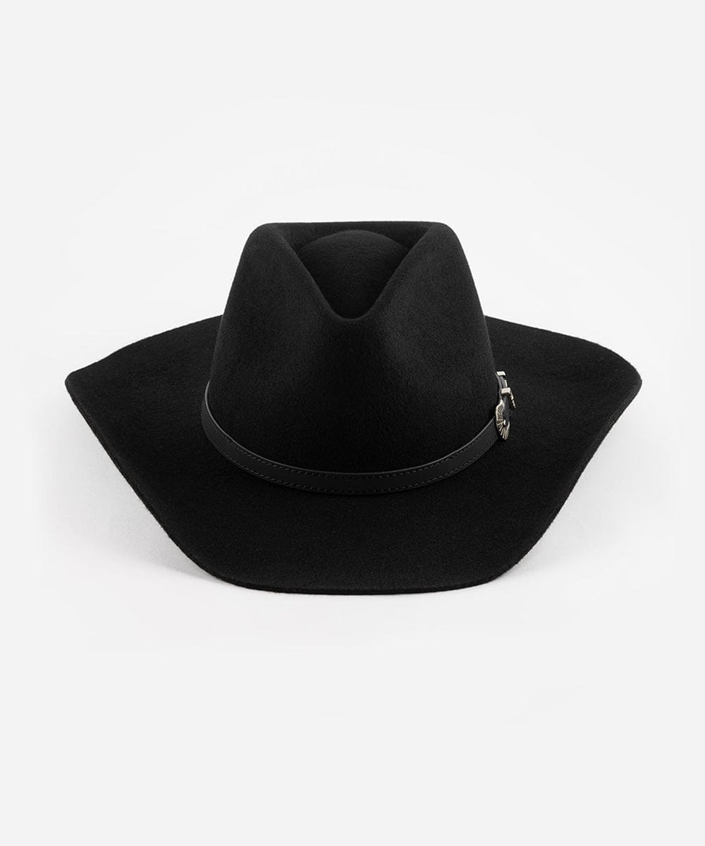 Black cowboy hat with a belt on a white background