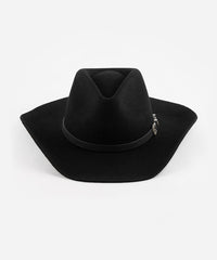 Black cowboy hat with a belt on a white background