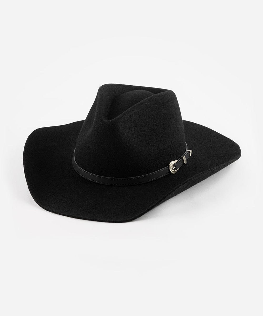 Black cowboy hat with a belt and buckle on a white background