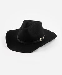 Black cowboy hat with a belt and buckle on a white background
