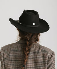 Person wearing a black cowboy hat with a white button on a plain background