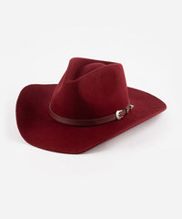 Red cowboy hat with a brown band on a white background