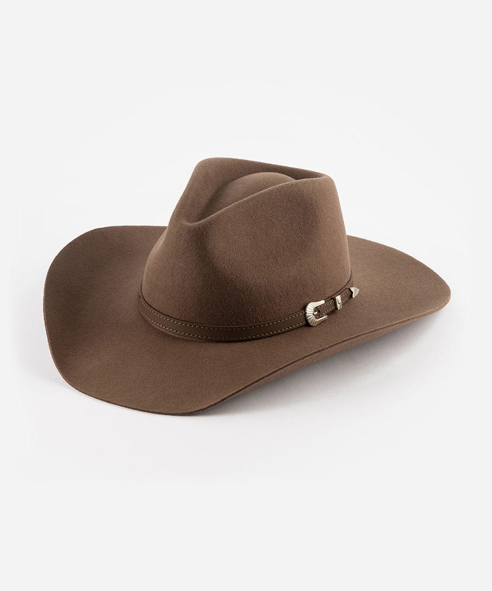 Brown cowboy hat with a belt on a white background